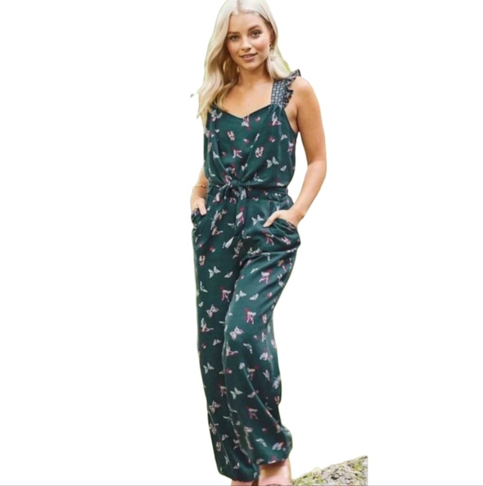 MATILDA JANE Evergreen Dream green floral butterfly‎ ruffle wide leg jumpsuit XL